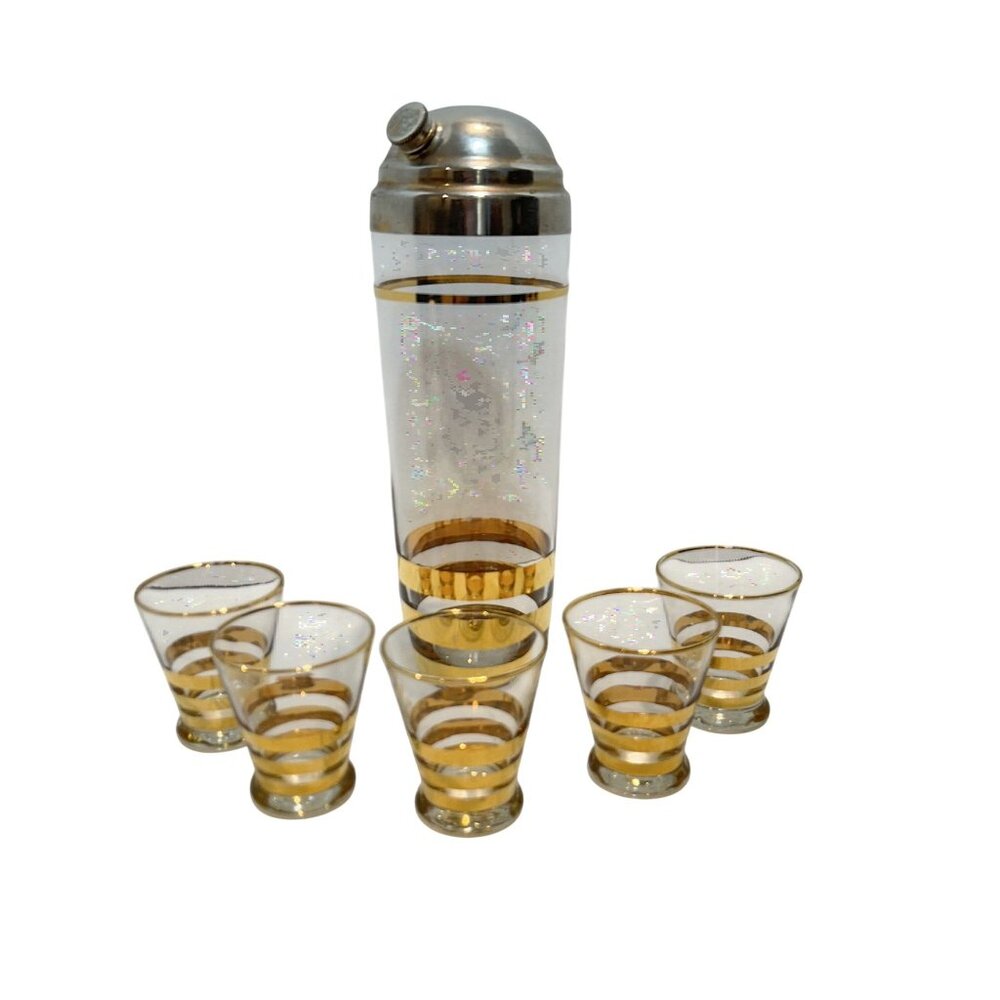 Vintage Gold-Striped Cocktail Shaker & Glass Set